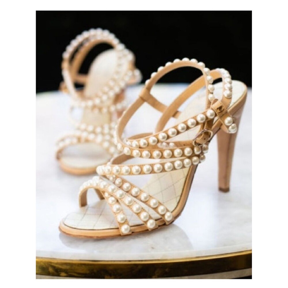 Chanel Beige Quilted Leather Pearl Embellished Ankle Strap Sandals Heels EU 37.5